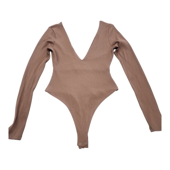Bershka Ribbed V-Neck Bodysuit in Brown - Picture 1 of 5